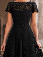 Elegant Floral Lace Boat Neck A-Line Midi Dress