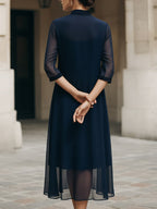 Mandarin Collar Sheer Overlay Midi Dress