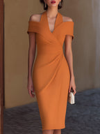 Off-Shoulder Halter Collar Ruched Wrap Midi Dress