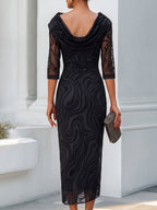 Flocked Mesh Draped-Neck Midi Dress