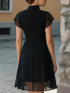 Chiffon Mandarin-Collar Flutter Sleeve A-Line Dress