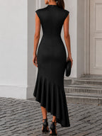 High-Neck Lace Panel Asymmetric Ruffle Maxi Dress