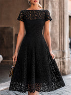 Elegant Floral Lace Boat Neck A-Line Midi Dress