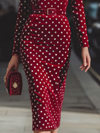 Vintage-Inspired Red Polka Dot Velvet Midi Dress