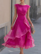 Layered Organza Cap Sleeve A-Line Midi Dress