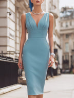Elegant Sleeveless Plunge Neck Bodycon Midi Dress
