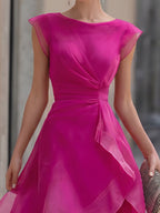 Layered Organza Cap Sleeve A-Line Midi Dress