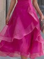 Layered Organza Cap Sleeve A-Line Midi Dress