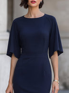 Elegant Navy Blue Batwing Sleeve Midi Sheath Dress