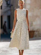 Timeless Sleeveless Polka Dot Midi Dress With Gathered Waist