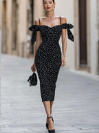 Olka Dot Off-Shoulder Bodycon Midi Dress With Bow Accents