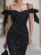 Olka Dot Off-Shoulder Bodycon Midi Dress With Bow Accents