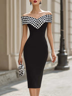 Chic Black & White Checkered Off-Shoulder Bodycon Midi Dress