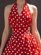 Halter V-Neck Polka Dot A-Line Midi Dress