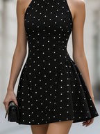 Elegant Polka Dot Halter Neck Sleeveless Flared Mini Dress