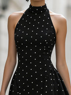 Elegant Polka Dot Halter Neck Sleeveless Flared Mini Dress