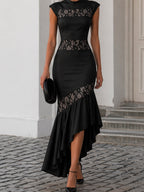 High-Neck Lace Panel Asymmetric Ruffle Maxi Dress