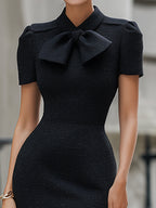 Bow-Neck Textured Bodycon Midi Dress