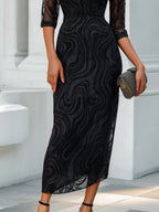 Flocked Mesh Draped-Neck Midi Dress
