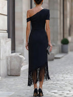 Elegant One-Shoulder Fringe Hem Midi Dress