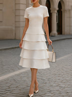 Round Neck Short Sleeve Tiered Ruffle Midi Dress