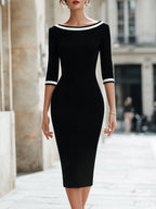 Contrast Trim Boat-Neck Three-Quarter Sleeve Pencil Midi Dress