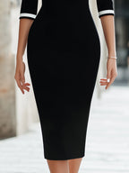 Contrast Trim Boat-Neck Three-Quarter Sleeve Pencil Midi Dress