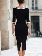 Contrast Trim Boat-Neck Three-Quarter Sleeve Pencil Midi Dress