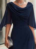 Cowl Drape Neck Ruched High Low Midi Dress