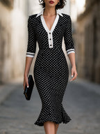 Polka Dot Contrast Collar Mermaid Midi Dress