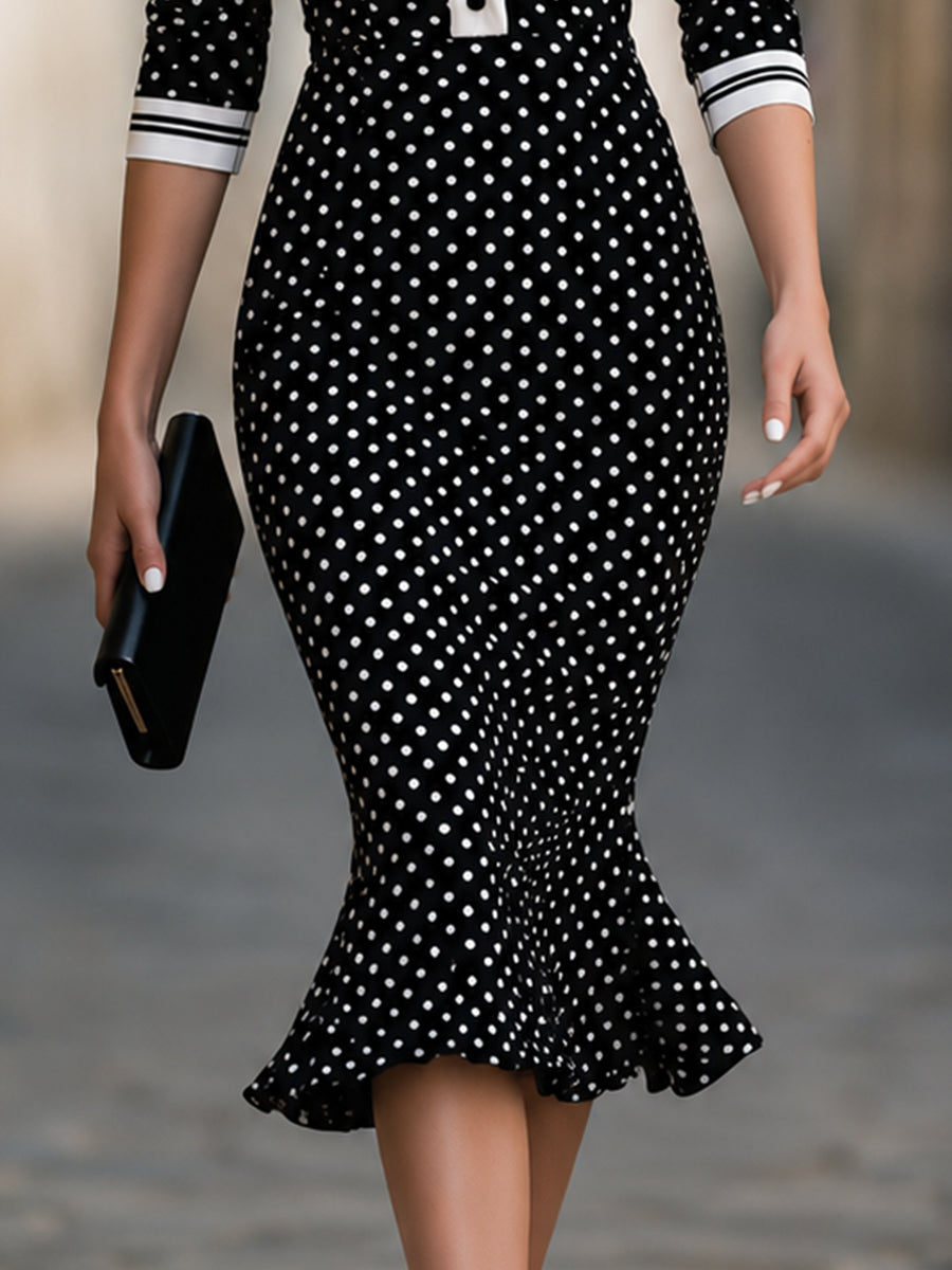 Polka Dot Contrast Collar Mermaid Midi Dress