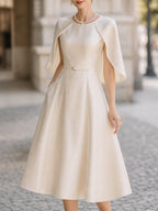 Elegant Satin Cape-Sleeve A-Line Midi Dress