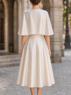 Elegant Satin Cape-Sleeve A-Line Midi Dress