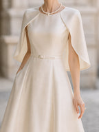 Elegant Satin Cape-Sleeve A-Line Midi Dress