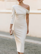 Ivory Asymmetric One-Shoulder Pencil Midi Dress