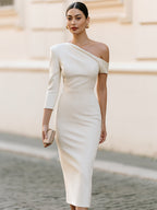 Ivory Asymmetric One-Shoulder Pencil Midi Dress