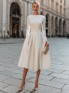 Boat Neck Pleated A-Line Midi Dress