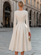 Boat Neck Pleated A-Line Midi Dress