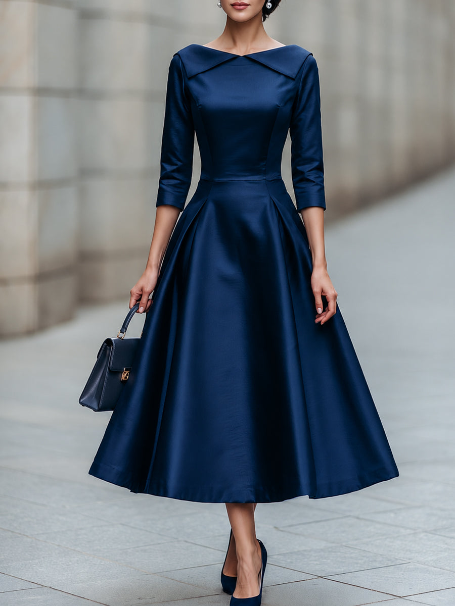 Folded Collar A-Line Midi Dress