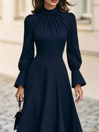 High Neck Gathered Bust  A-Line Midi Dress