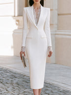 Peak Lapel Lace Insert V Neck Long Lace Cuff White Suit Midi Bodycon Dress