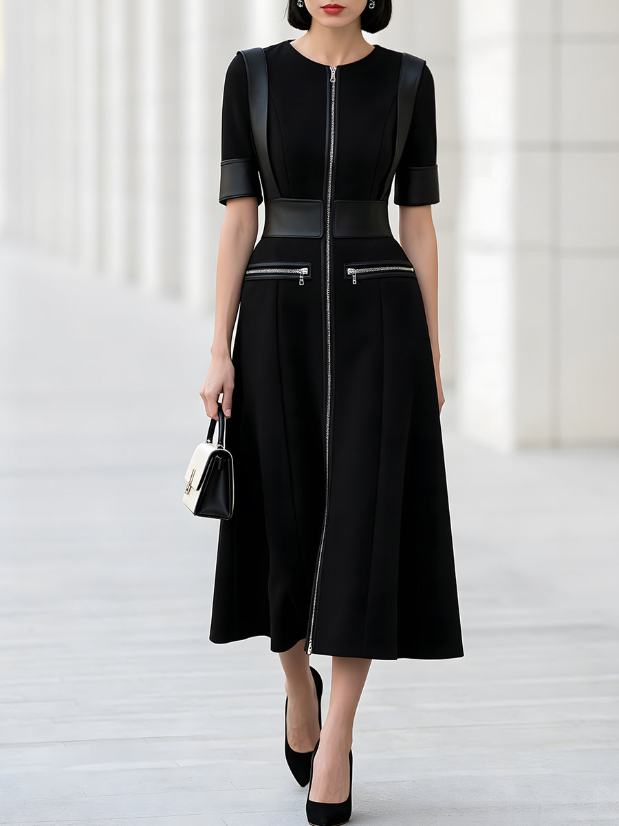 Zip Front Structured Midi Dress