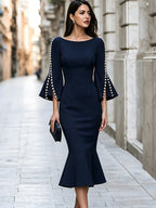 Elegant Pearl-Trim Bell Sleeve Mermaid Midi Dress