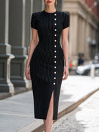 Pinstripe Button-Front Tailored Midi Dress