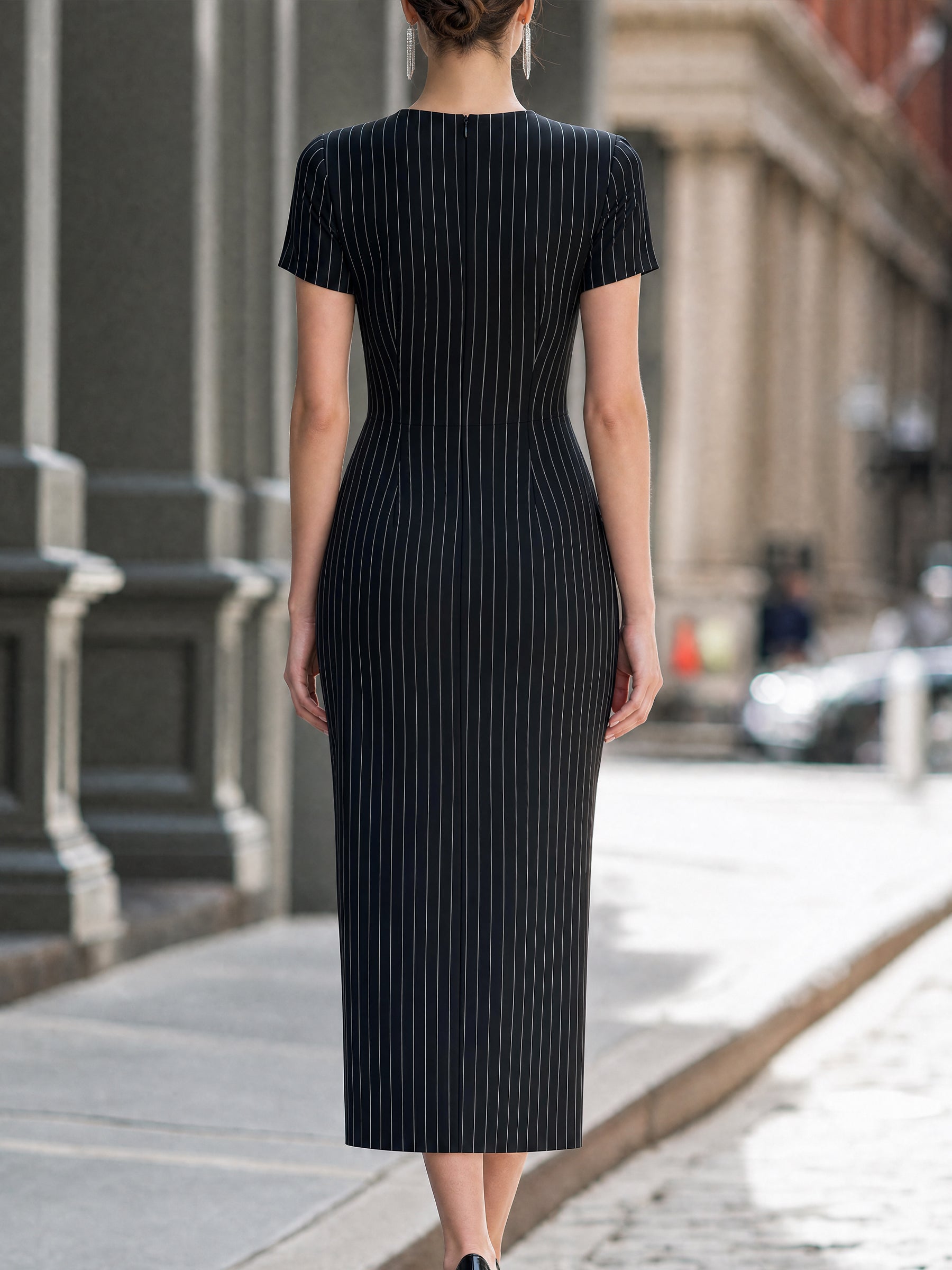 Pinstripe Button-Front Tailored Midi Dress