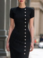 Pinstripe Button-Front Tailored Midi Dress