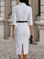Office Formal Collared Button Front 3/4 Sleeve Belted Midi  Pencil Dress
