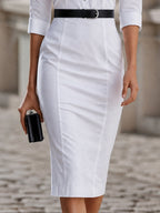 Office Formal Collared Button Front 3/4 Sleeve Belted Midi  Pencil Dress