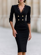 Lace Trim Double Button Pencil Midi Dress
