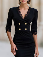Lace Trim Double Button Pencil Midi Dress
